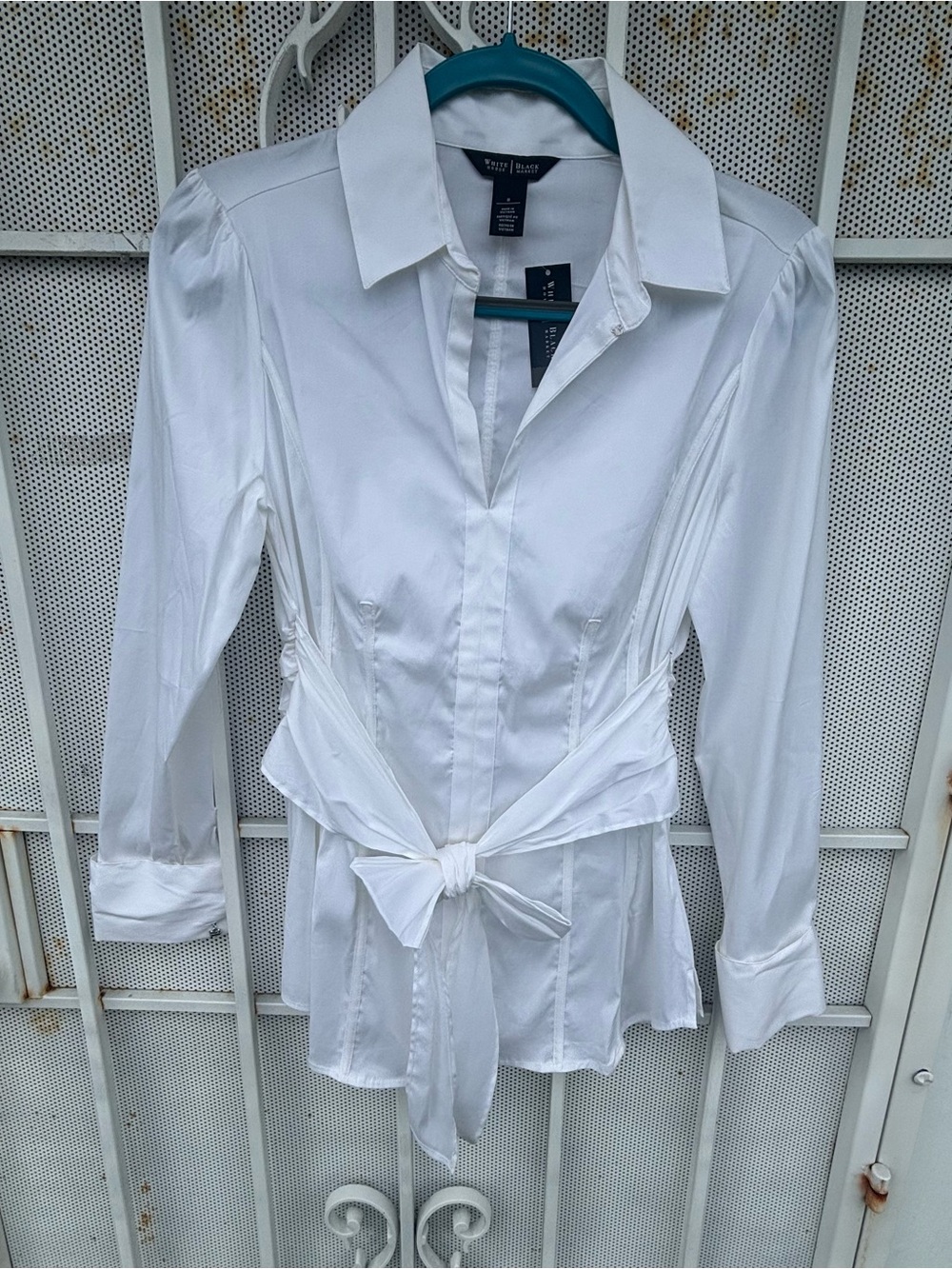 White House/Black Market 12 long sleeve pull on white blouse accent tie NWT - Picture 3 of 10